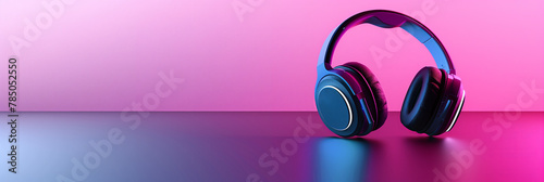Modern blue headphones stand out against a dual-tone pink backdrop with ample copy space for ads