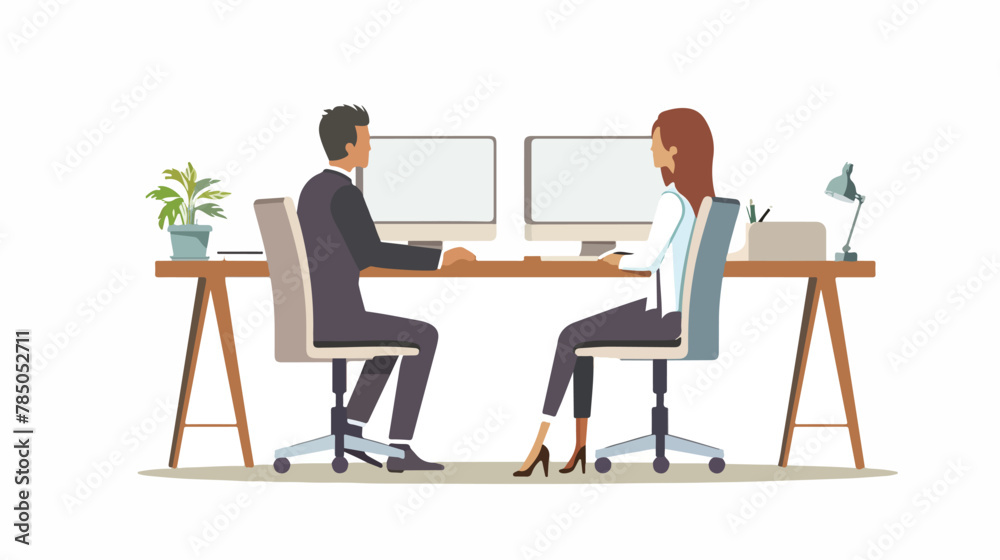 Business man and woman working together sitting at one