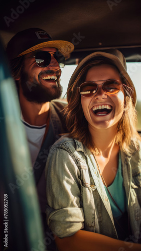 A man and woman in cool sunglasses are smiling and laughing in back seat of car © AlexanderD
