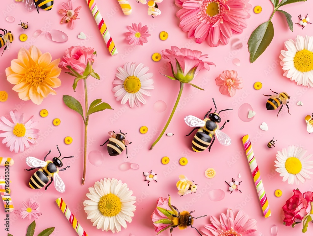 A pattern of cute bees, and wildflowers with stems, made from mini candy and cookies with forms ,  top view