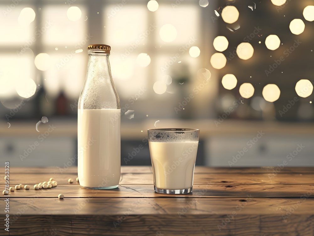 A bottle of milk and a glass of milk on a table on a cute background A bottle of milk and a glass of milk on a table on a cute background