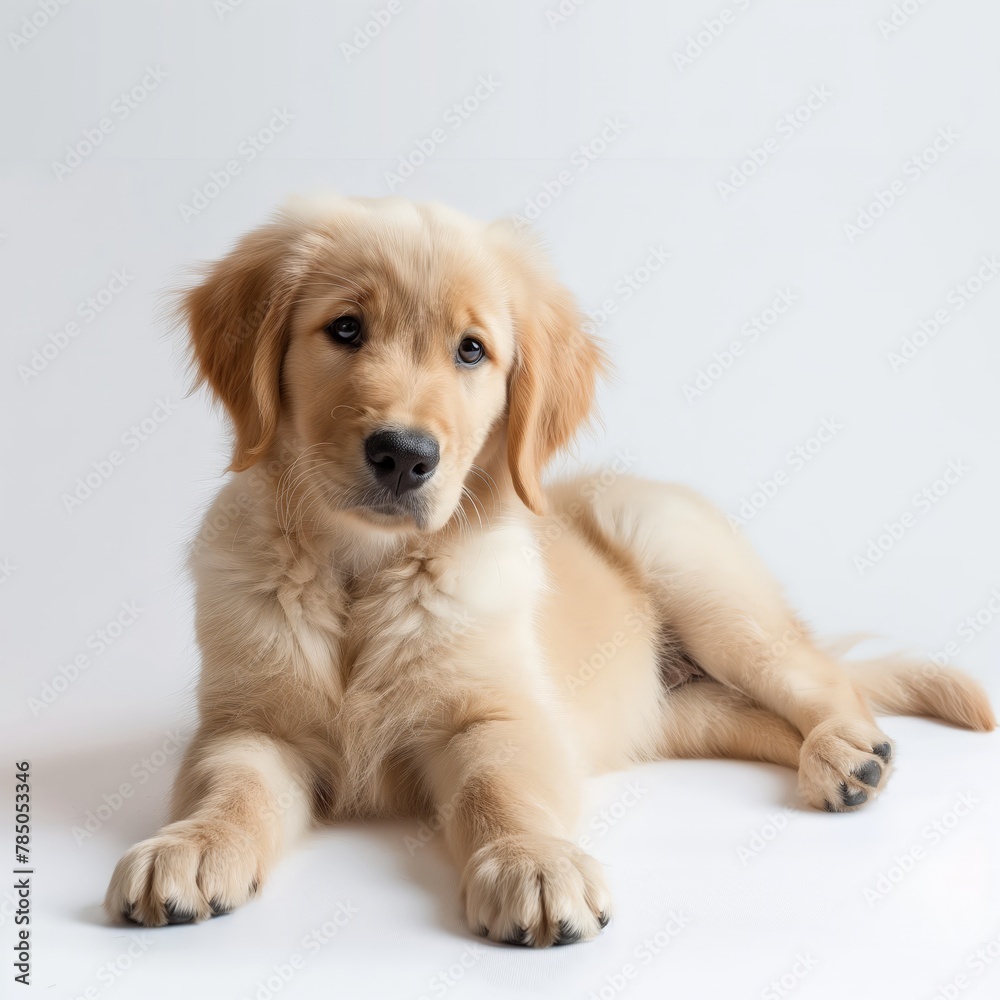 A cute golden retriever puppy with a gentle expression lying on a white background.
