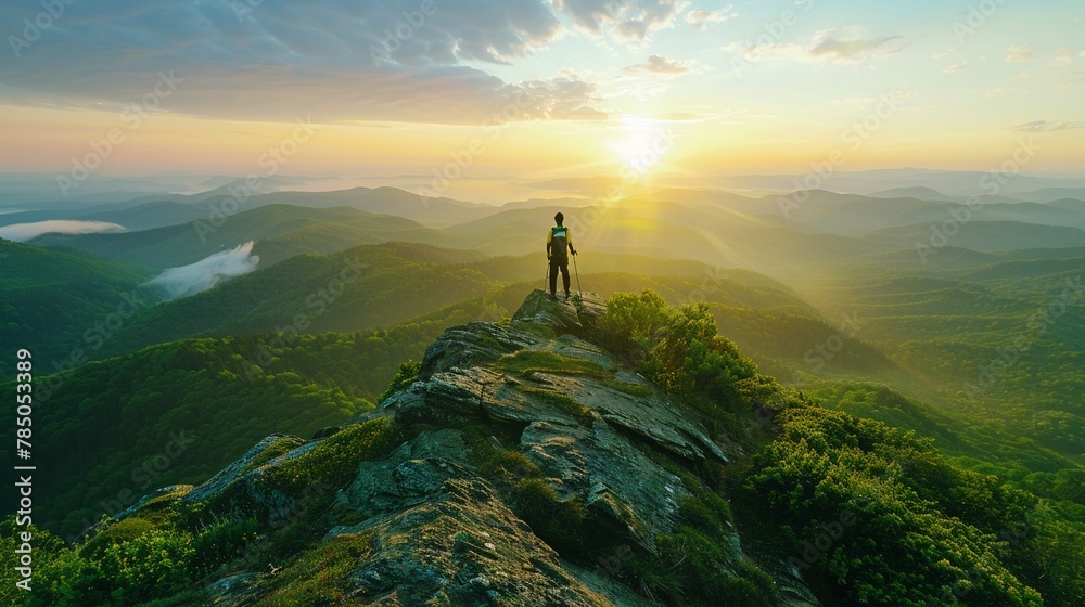 A hiker celebrating Earth Day with a sunrise view atop a green mountain