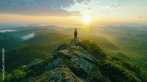 A hiker celebrating Earth Day with a sunrise view atop a green mountain