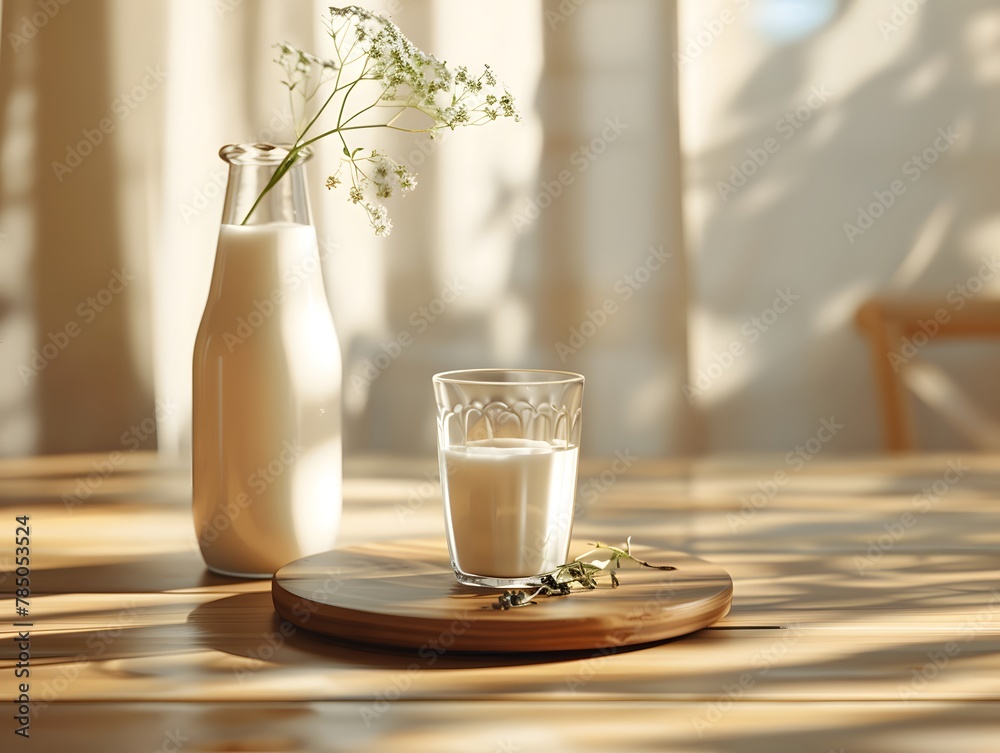 A bottle of milk and a glass of milk on a table on a cute background A bottle of milk and a glass of milk on a table on a cute background