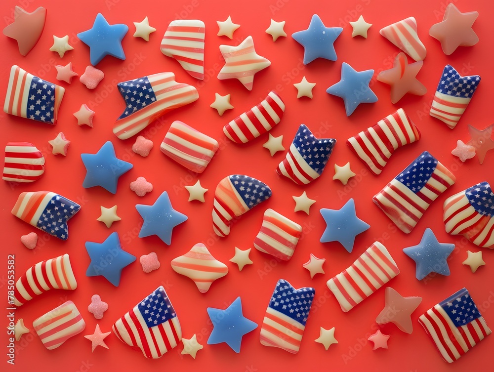Fototapeta premium A pattern of American flags, and stars, made from mini candy and cookies with forms, top view, 