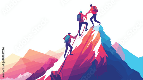 Business man on top of mountain helping colleague or flat