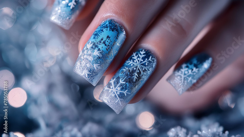 Close-up nail art with winter wonderland theme, icy blue shades, snowflake patterns, cool and magical mood. Nail art and design.