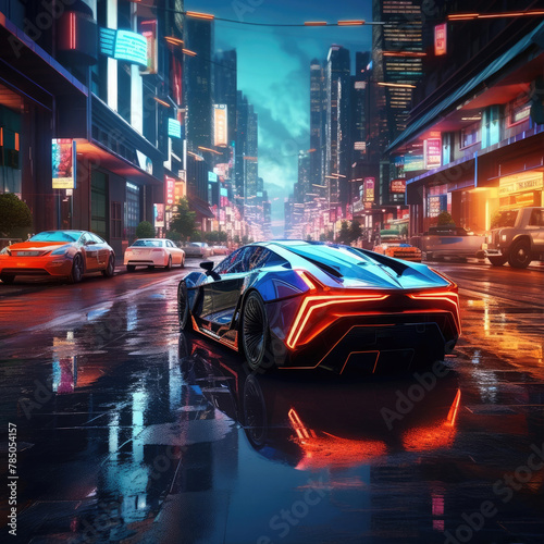 a futuristic car is driving down a wet city street at night