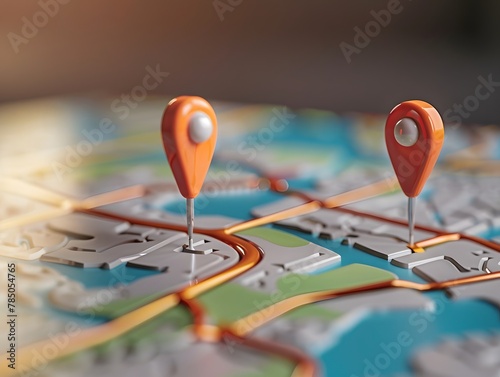 Digital location on map with two pins concept