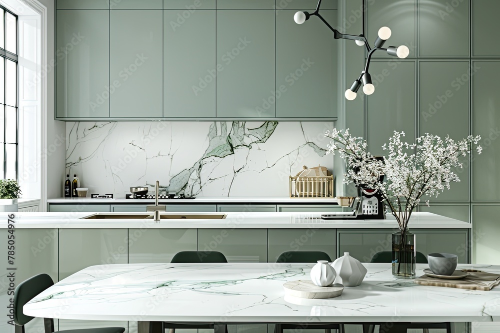 Luxury marble dining table, sage green kitchen counter with white ...