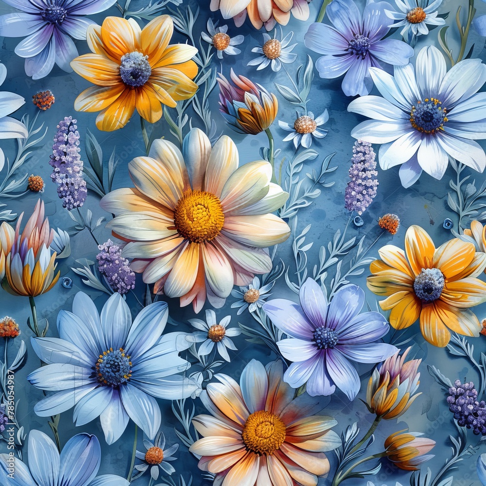 An orange and lilac floral pattern painted in watercolor on a blue background.