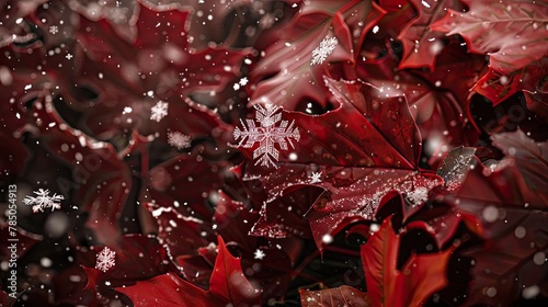 Detailed texture of snowflakes landing on red leaves