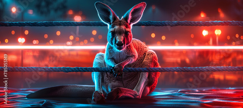 fighting kangaroo on the neon boxing ring photo
