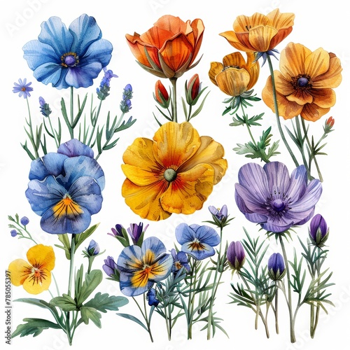 A set of watercolor meadow flowers isolated on a white background, hand painted © DZMITRY