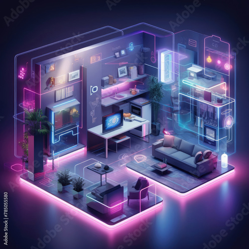 a living room with a couch , desk , computer and neon lights