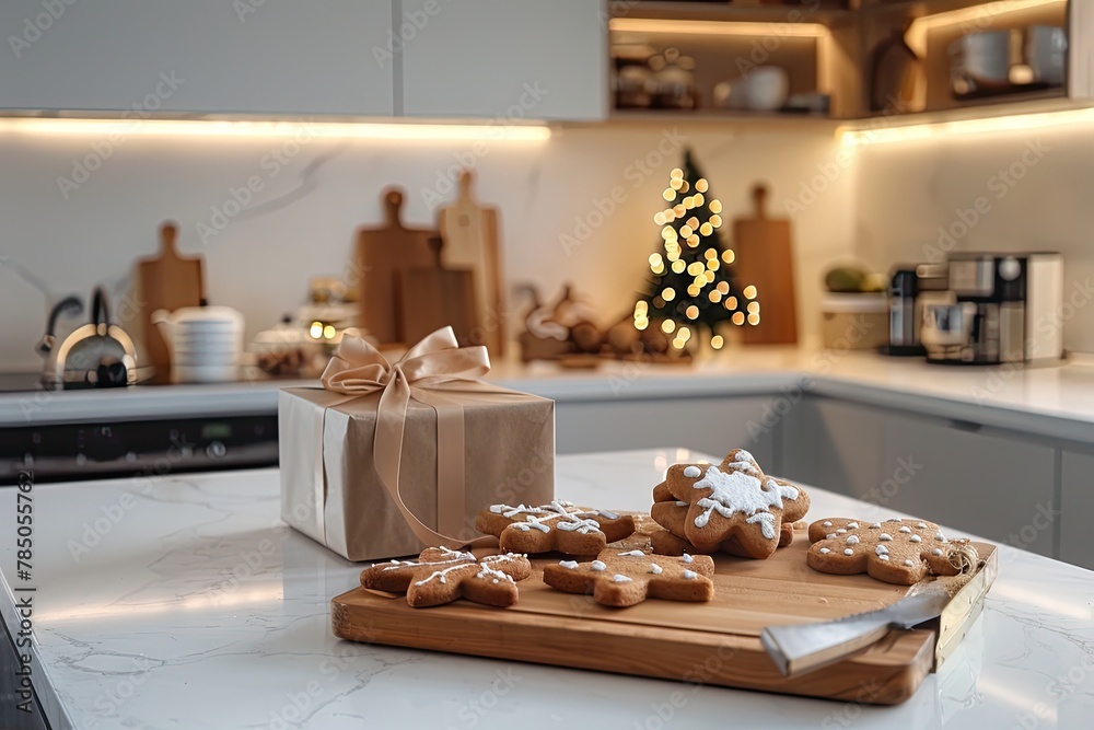 Modern Kitchen With Homemade Gingerbread Cookies And Gift Boxes On Kitchen Counter. Baking And Selling Cookies