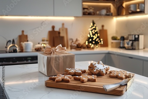 Modern Kitchen With Homemade Gingerbread Cookies And Gift Boxes On Kitchen Counter. Baking And Selling Cookies