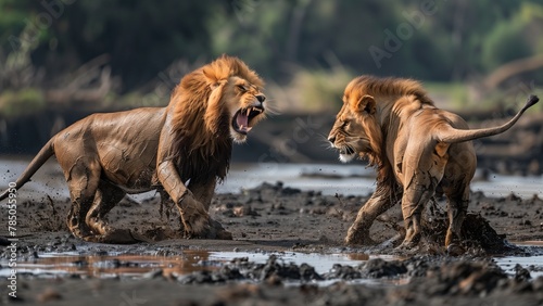 lion in the wild, two lions fighting on muddy ground, predatory animals in nature lair concept © CNISAK