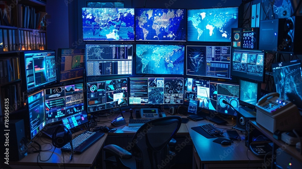 Naklejka premium A cybersecurity experts desk, littered with multiple screens displaying various defense mechanisms