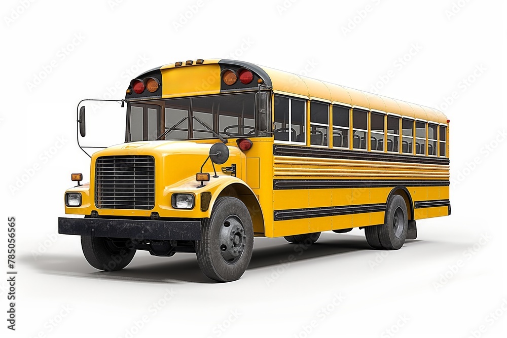 Traditional American yellow school bus isolated on a white background, symbolizing education and transportation.