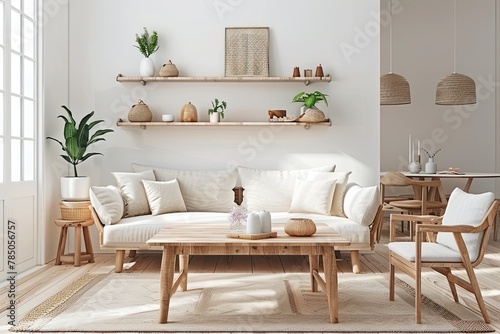 Scandinavian style living-room interior with wooden furniture on neutral white wall background © Barra Fire
