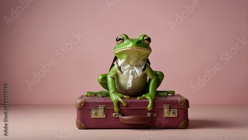 A contemplative frog resting on a burgundy vintage suitcase evokes feelings of nostalgia and wanderlust photo