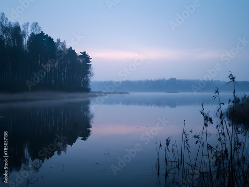 Quiet lake before dawn in the mist, with smog