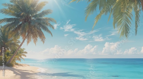 pastel summer background blue transparent Water, Sun and palm trees