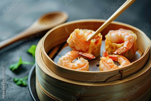special shrimps dim sum with chopsticks in bamboo steamer