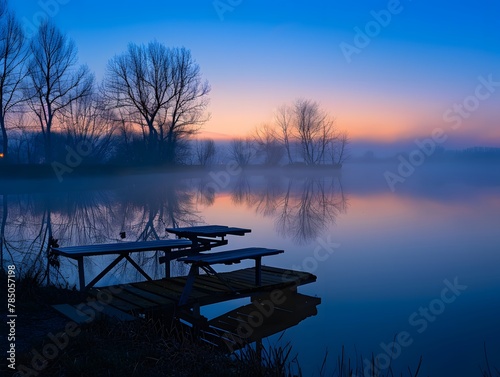 Quiet lake before dawn in the mist, with smog