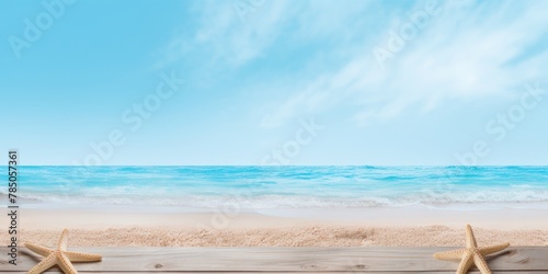 Beach sand and sky blue wooden background with copy space for summer vacation concept, text on the right side