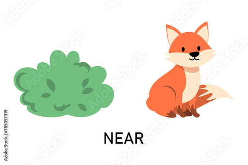 Learning English prepositions with a funny fox and green bush vector isolated. Animal character sitting near a green bush. Cute red fox.