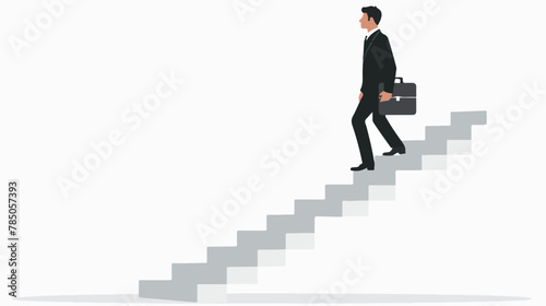 Businessman in black suit with suitcase climbing 