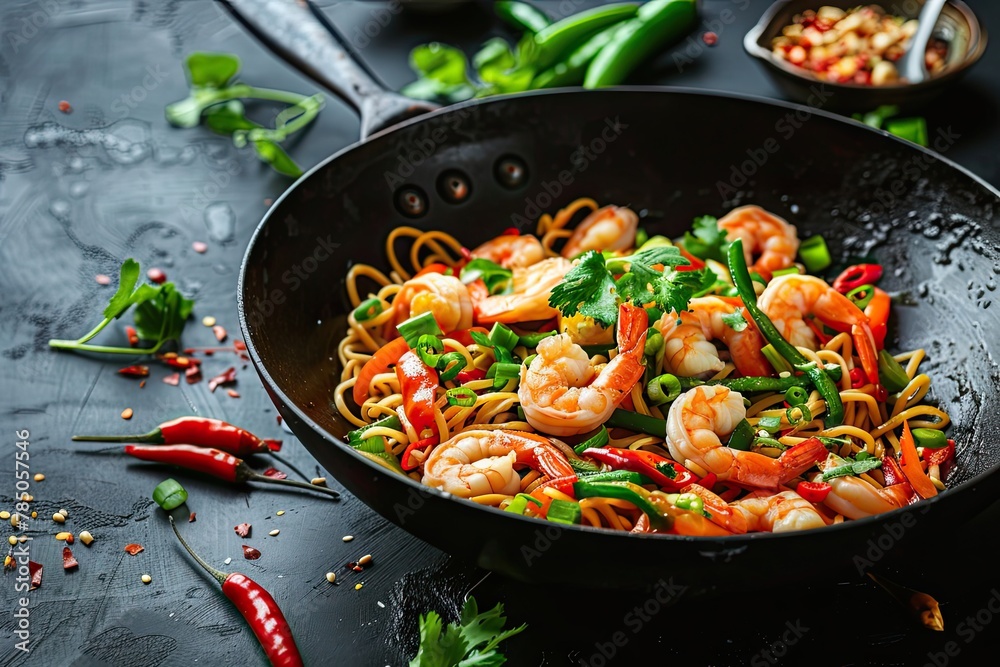 Stir fried noodles with shrimps and vegetables in a wok on dark background 