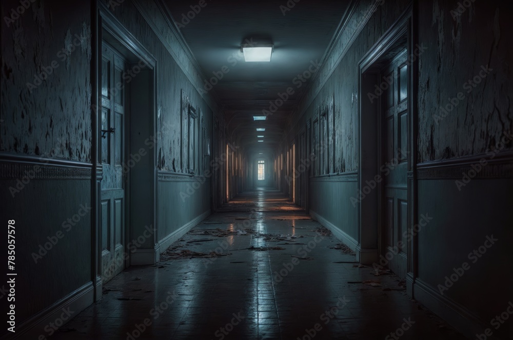 Creepy corridor in a dark room.