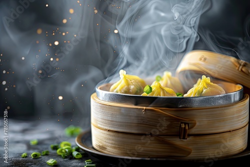 Steamed dumpling BBQ Mai dimsum in traditional bamboo steamer over dark background
