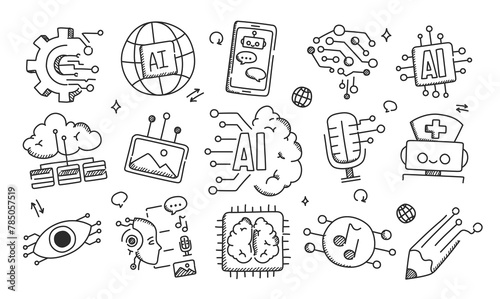 Generative artificial intelligence related icon set vector isolated. Doodle illustration, concept of modern technology. Chat bot, computer creates art. AI innovation. Video, audio and text creation.