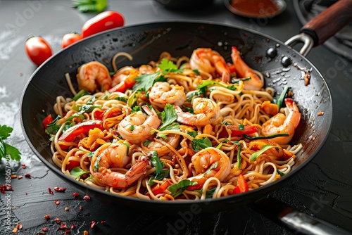 Stir fried noodles with shrimps and vegetables in a wok on dark background 