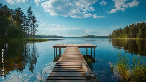 Wooden pier on the lake beautiful landscape summer