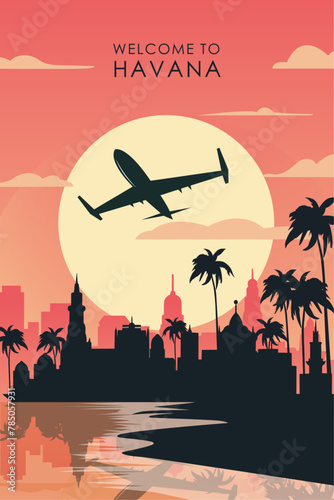 Welcome to Havana, Cuba. Retro city poster with abstract shapes of skyline, buildings, plane flying over shore. Vintage South America travel vector illustration