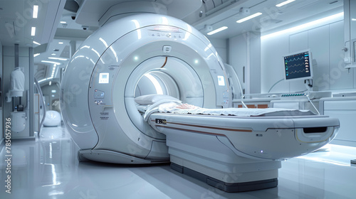 An MRI machine sits in a hospital room under a ceiling light