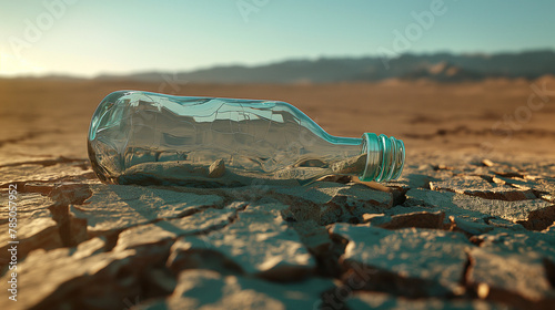 An empty glass bottle on the cracked soil or desert