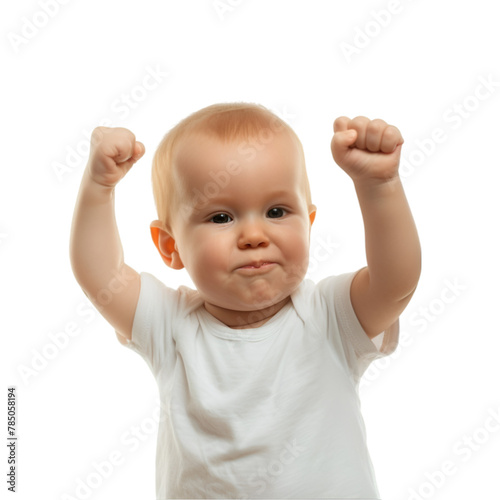 Cute Baby in White T-Shirt Clenching Fist