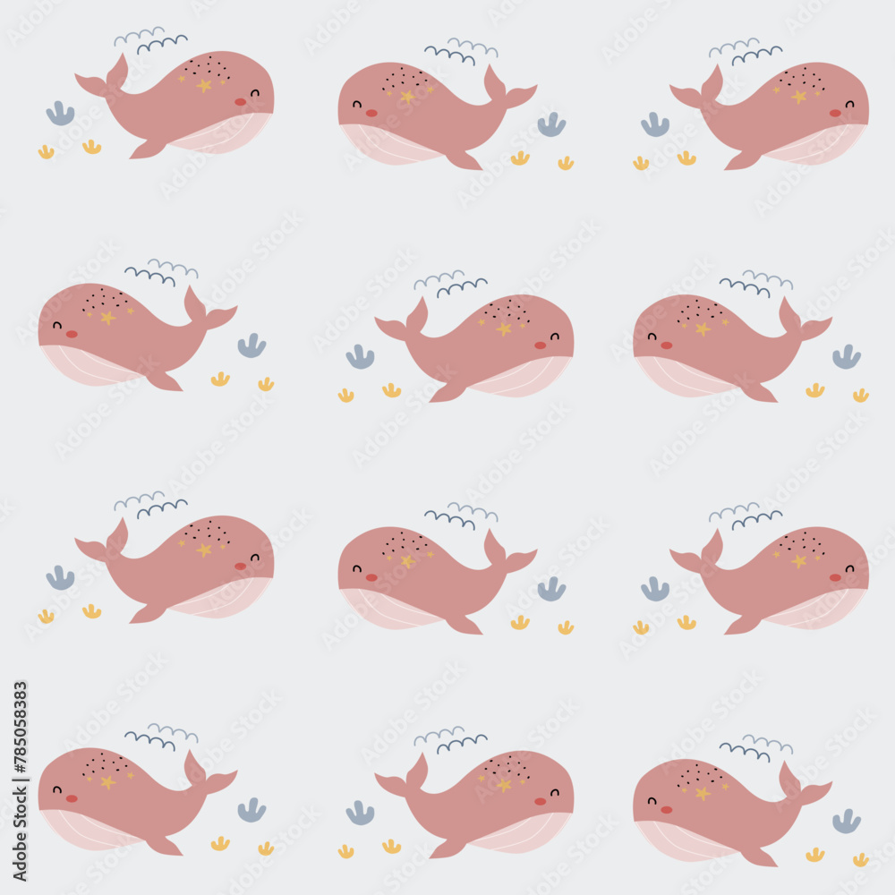 Cute animal baby print. Cute whale pattern for kids. Cute characters. Underwater background