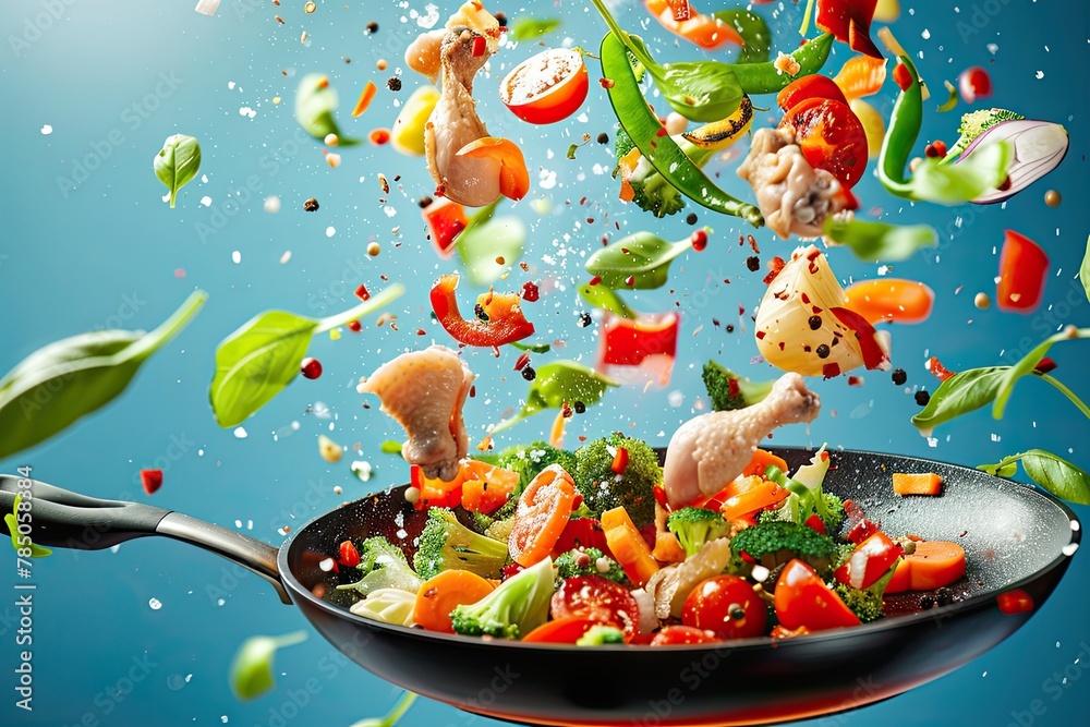 Vegetables and chicken fly through the air into a frying pan Vegetables and chicken fly through the air into a frying pan