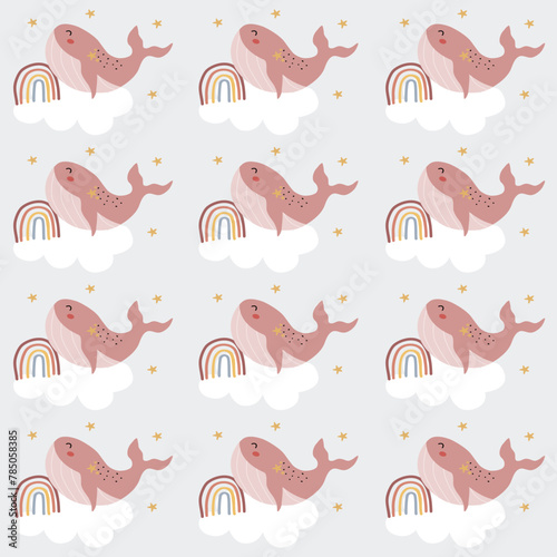 Cute animal baby print. Cute whale pattern for kids. Cute characters. Underwater background
