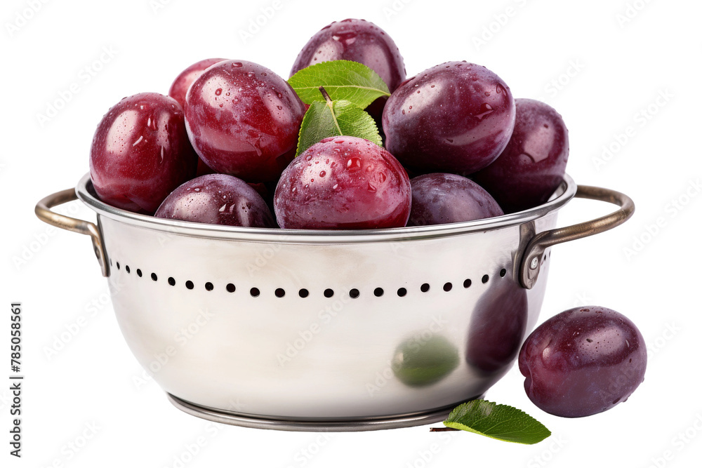 A Glimpse of Nature: Metal Bowl Overflowing With Fresh Grapes and a Vibrant Green Leaf. On White or PNG Transparent Background. A Glimpse of Nature: Metal Bowl Overflowing With Fresh Grapes and a Vibrant Green Leaf. On White or PNG Transparent Background.