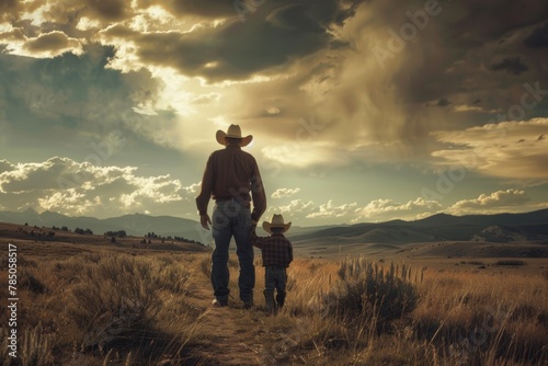 Father and son walking through a scenic landscape under a dramatic sky © gankevstock