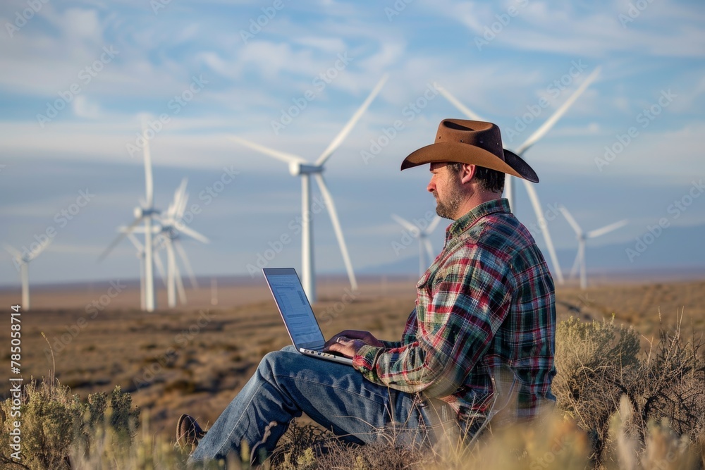 Modern cowboy with laptop sitting near wind turbines in vast landscape Modern cowboy with laptop sitting near wind turbines in vast landscape